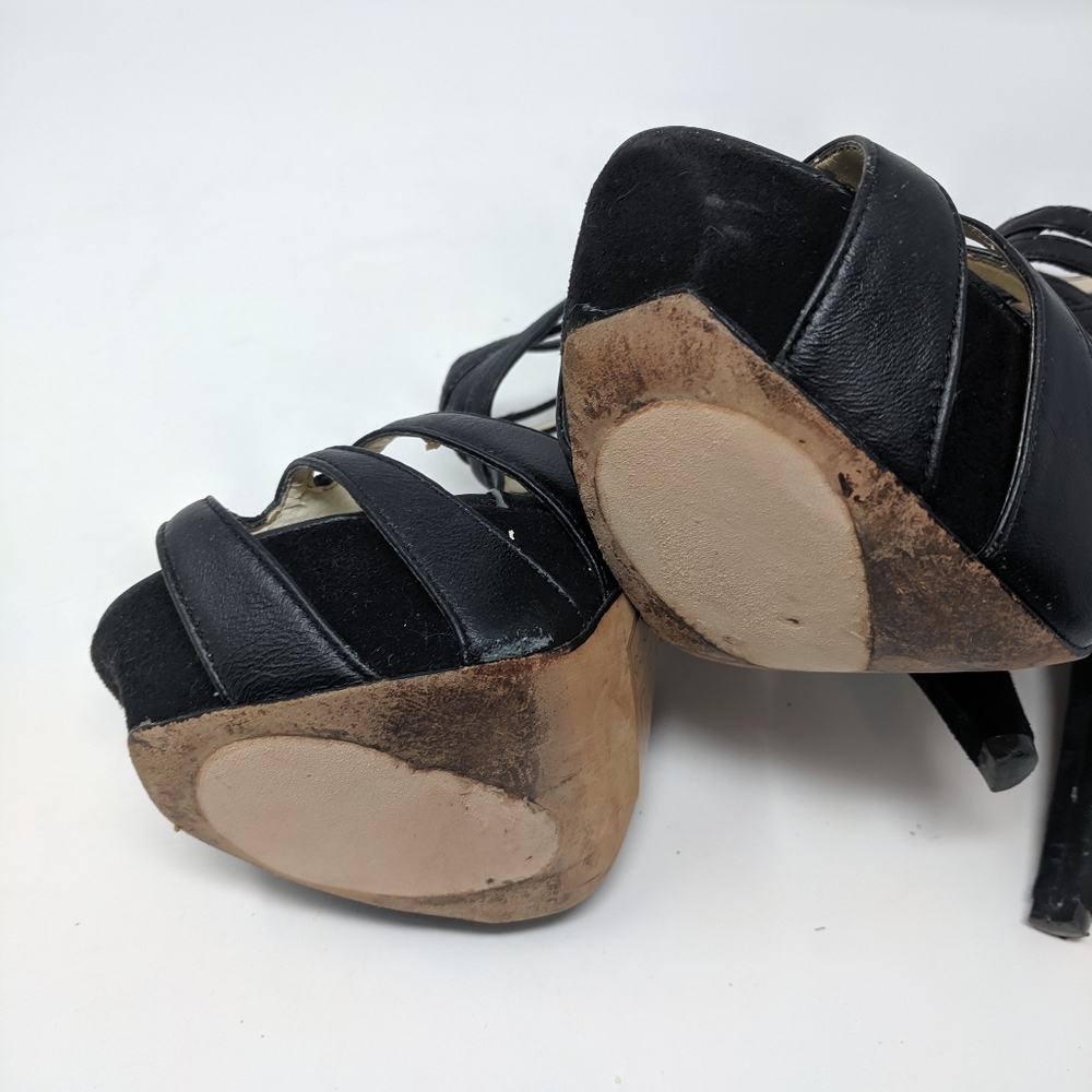 Bebe | leather black fringe heels - Picture 4 of 5